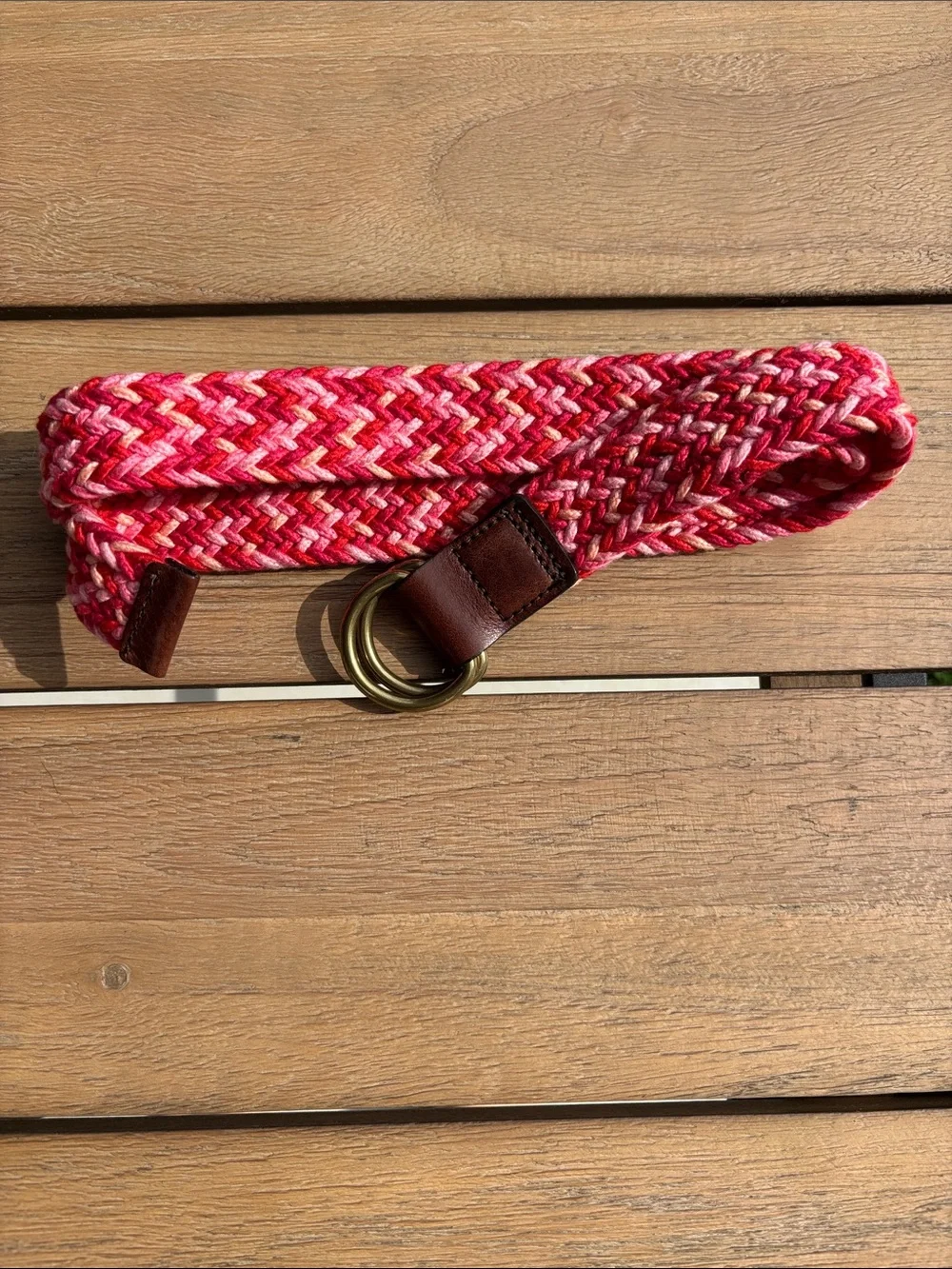 Eddie Bauer Woven colorful Braided Belt Brown Leather Trim brass Small NEW!